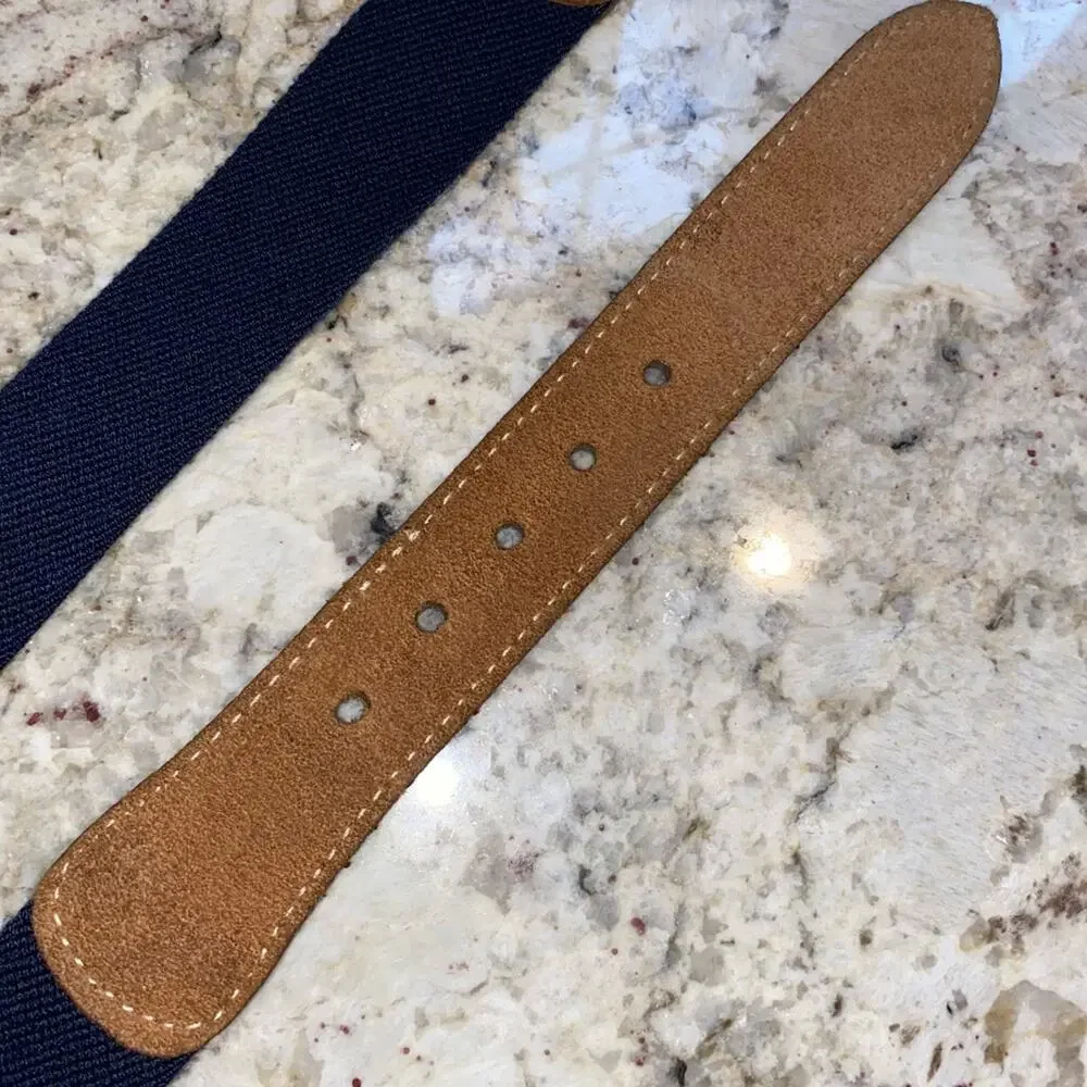 LL Bean $69 Leather Stretch Canvas Silver Mens Preppy Belt Fits XL 48”-51” EUC